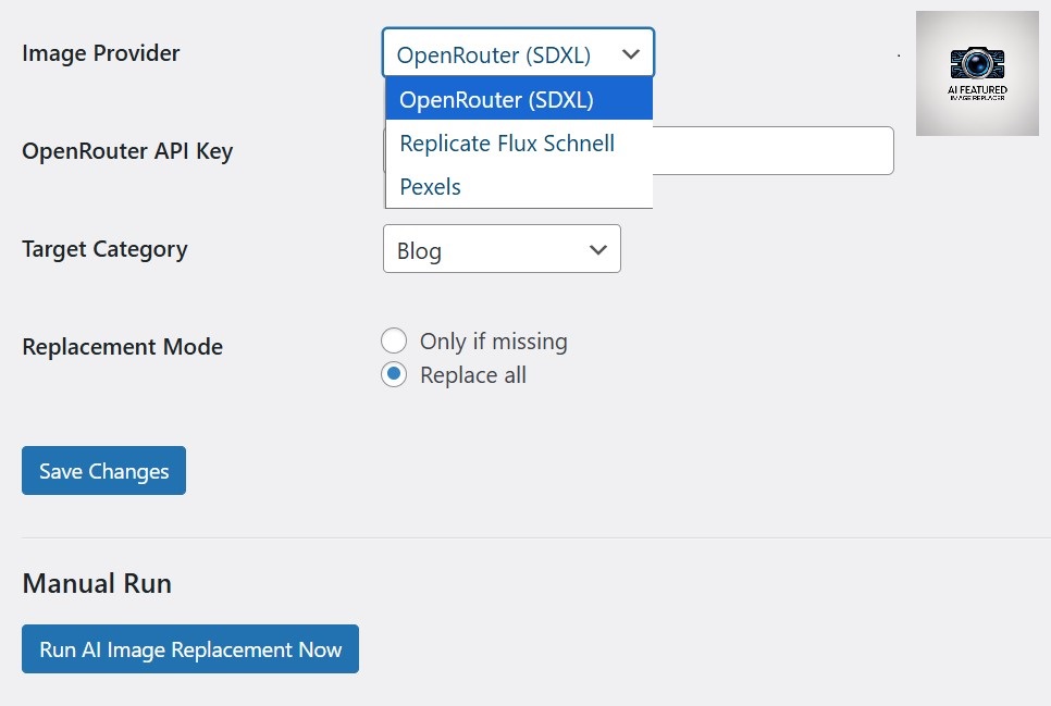 AI Featured Image Replacer Setting Page